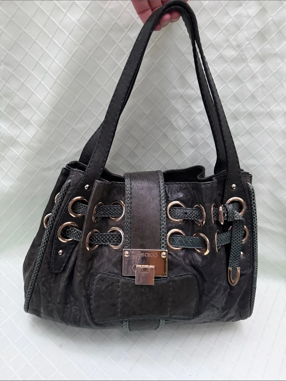 Jimmy Choo Dark Green Leather Shoulder Bag with Gold Hardware - Picture 3 of 13